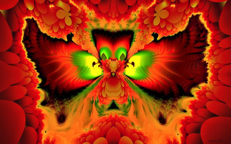 Fractal Flower Pattern — Red, Vibrant, Digital Art, Green Eyes