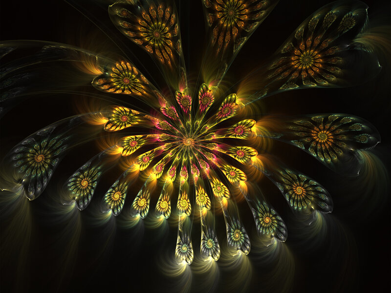 Fractal Flower Pattern — Yellow, Dramatic, Digital Art, Flowers, Light