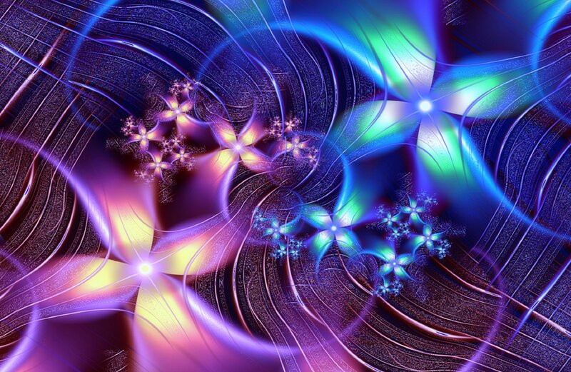 Fractal Flower Patterns — Blue, Hypnotic, Digital Art, Flowers, Light Beams
