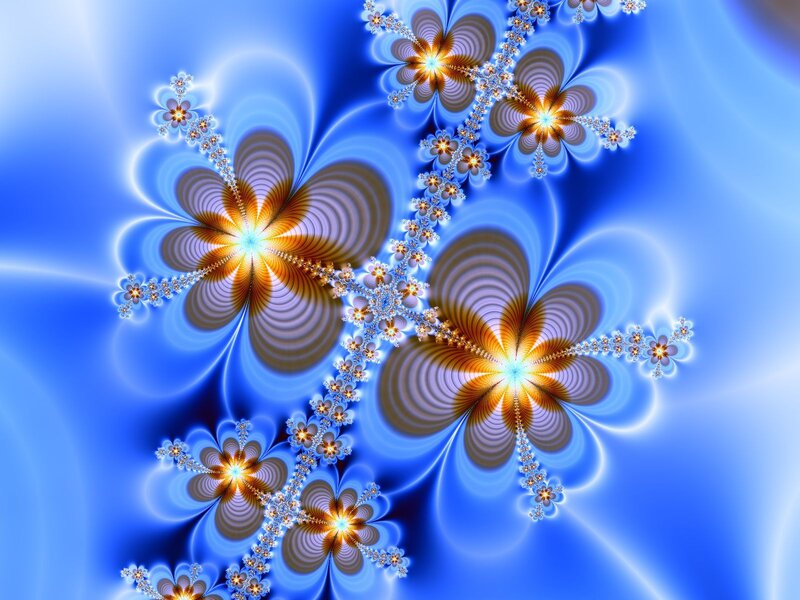 Fractal Flower Patterns — Blue, Hypnotic, Digital Art, Flowers, Light, Blue Background