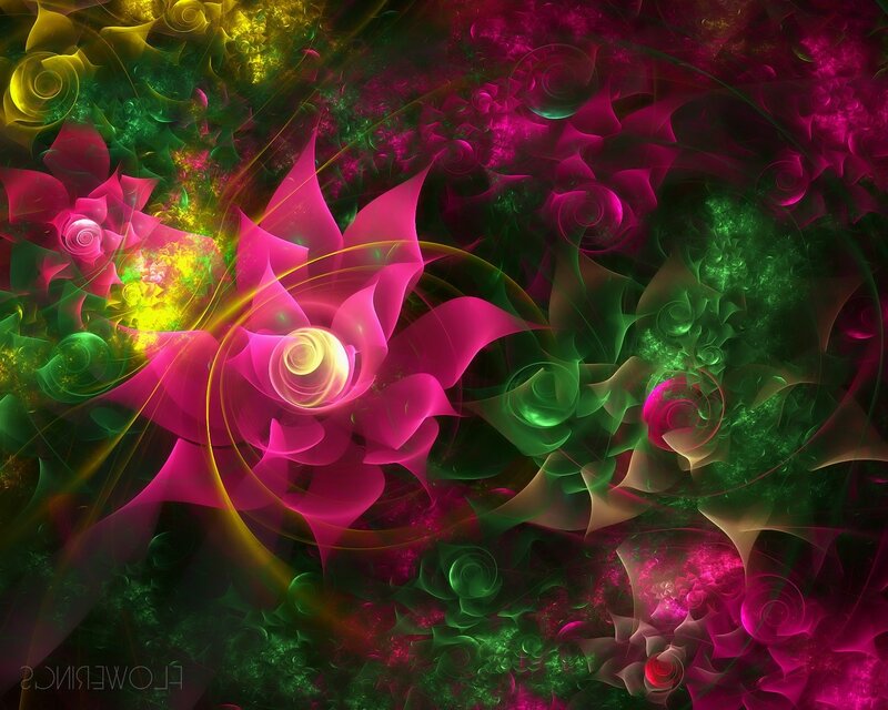 Fractal Flower Patterns — Pink, Vibrant, Digital Art, Flowers, Spirals, Light Beams