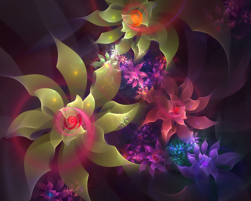 Fractal Flower Patterns — Purple, Dreamy, Digital Art, Flowers, Light, Color, Green