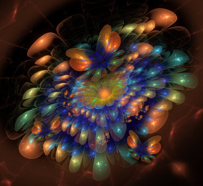 Fractal Flower with Butterflies — Blue