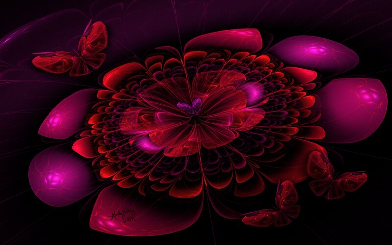 Fractal Flower with Butterflies — Red, Dramatic
