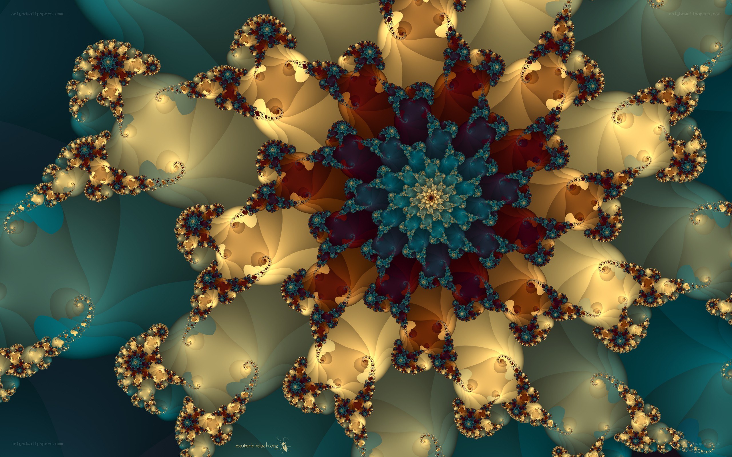 Fractal flower with golden and blue patterns