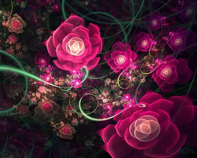 Fractal Flowers with Light Trails — Pink, Dreamy, Digital Art, Light Trails, Dark Background, Green