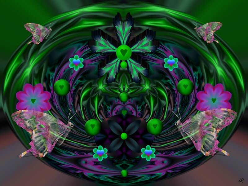 Fractal green vortex with butterflies
