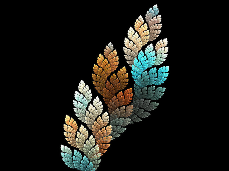 Fractal Leaf Pattern — Blue, Calm, Digital Art, Black Background, Orange