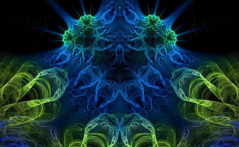 Fractal Light Patterns — Blue, Dramatic, Digital Art, Light Beams