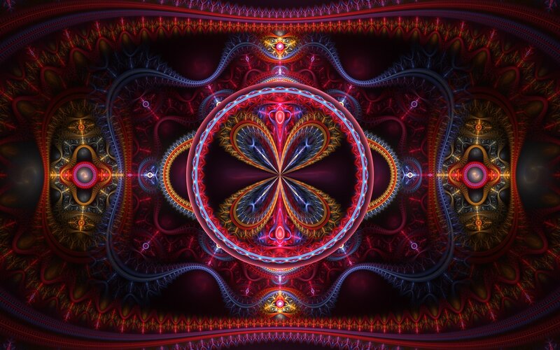 Fractal mandala with red and blue patterns