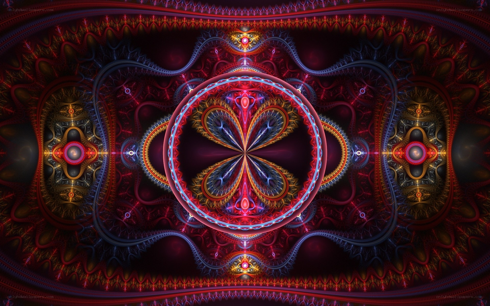Fractal mandala with red and blue patterns