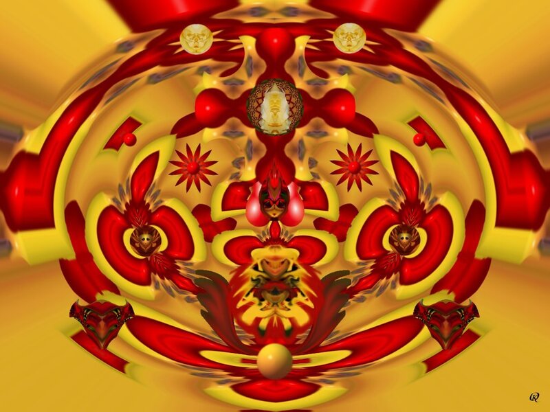 Fractal mandala with red and gold patterns