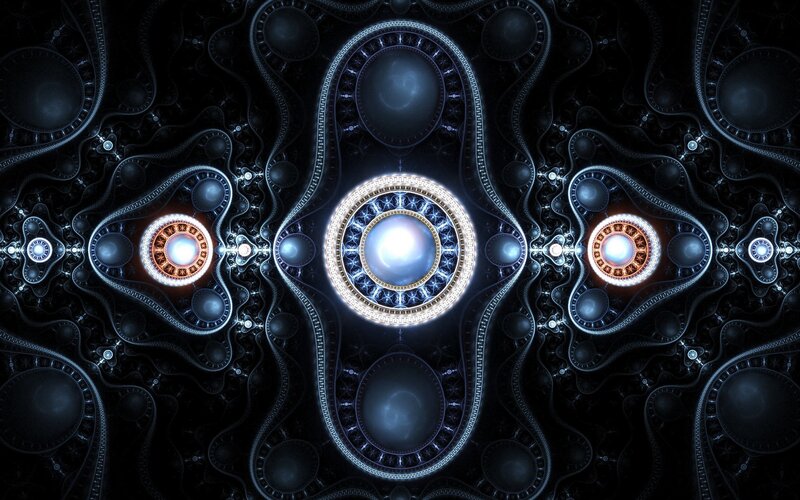 Fractal Pattern with Glowing Orbs — Black, Mystical, Digital Art, Circles