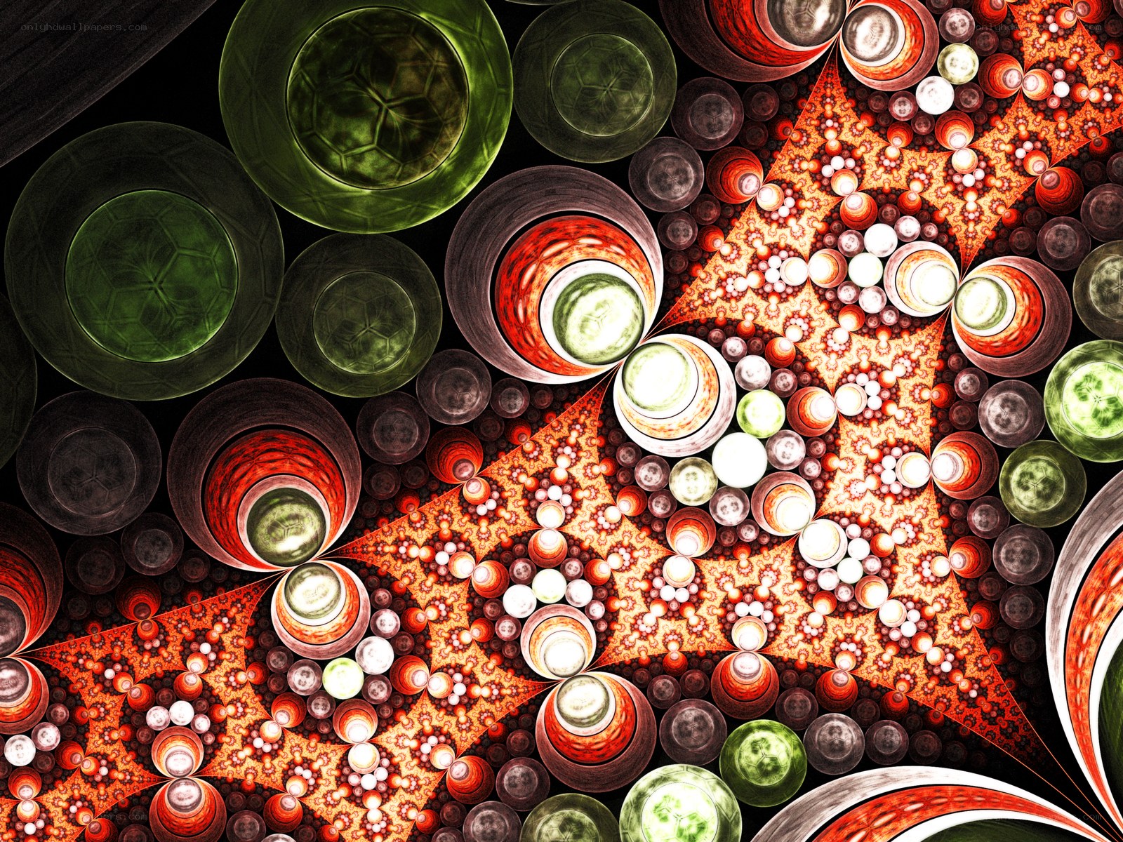 Fractal pattern with green and red spheres