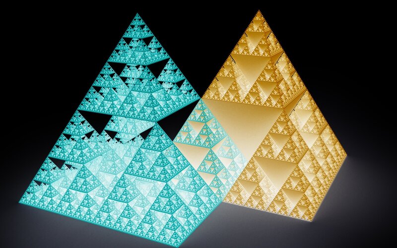 fractal pyramids in teal and gold