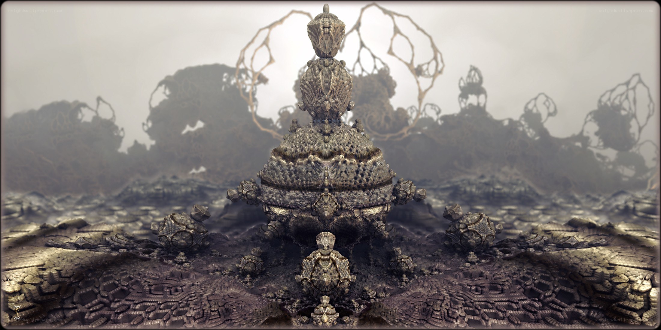 Fractal sculpture in desolate landscape