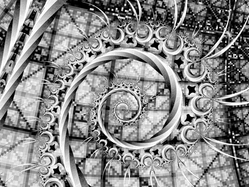Fractal Spiral Pattern — Black, Complex, Digital Art, Spirals, Stars