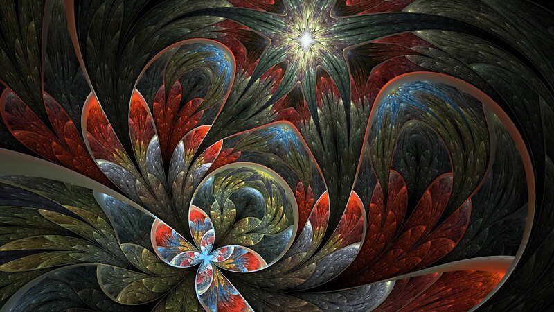Fractal Spiral Pattern — Black, Dramatic, Digital Art, Feather-like Shapes
