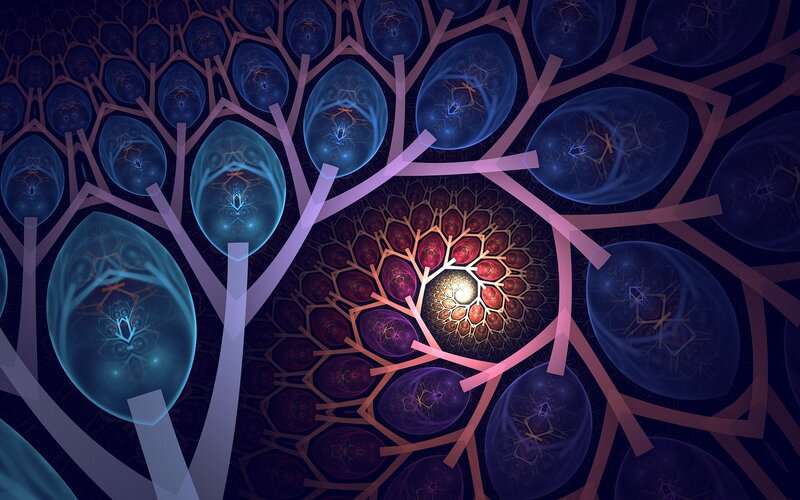 Fractal Spiral Pattern — Blue, Hypnotic, Digital Art, Spheres, Branches