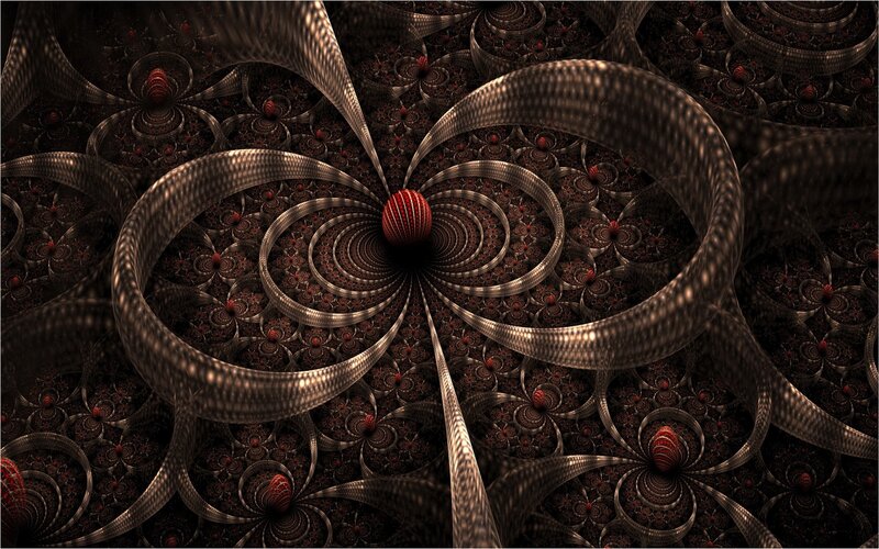 Fractal Spiral Pattern — Brown, Dramatic, Digital Art, Red Spheres