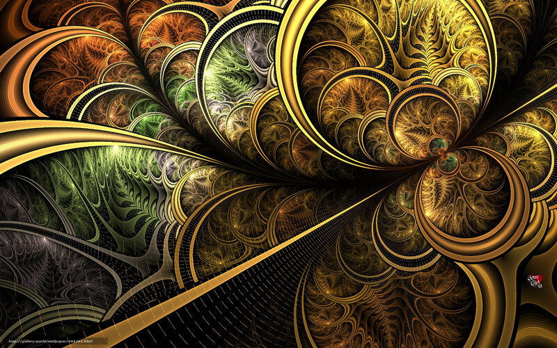 Fractal Spiral Pattern — Gold, Complex, Digital Art, Spirals, Green