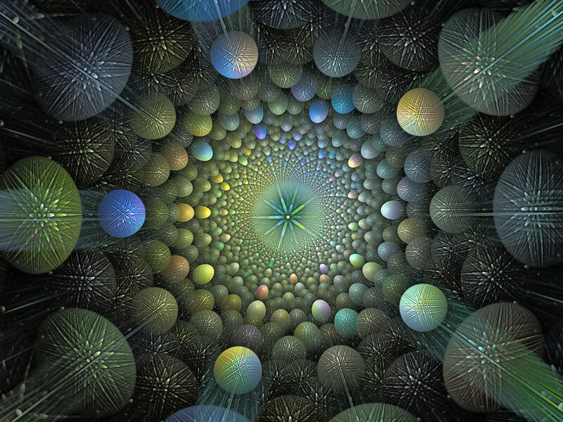 Fractal Spiral Pattern — Green, Hypnotic, Digital Art, Circles, Stars