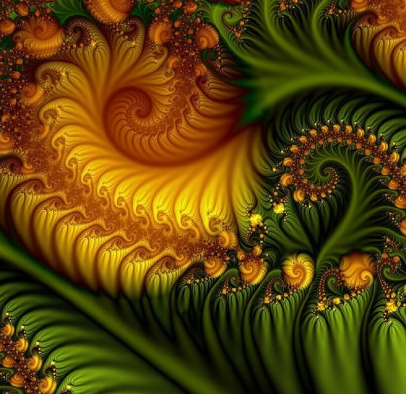 Fractal Spiral Pattern — Green, Vibrant, Digital Art, Leaf-like Shapes