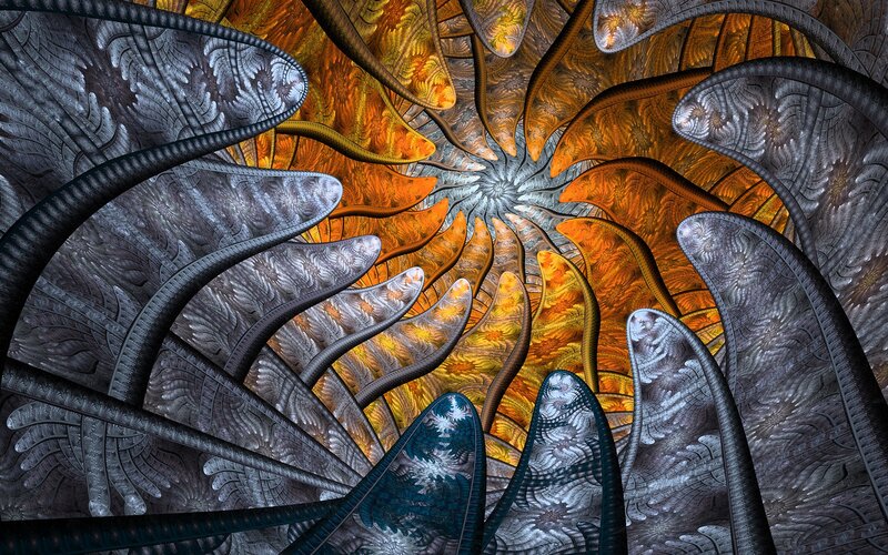 Fractal Spiral Pattern — Orange, Dramatic, Digital Art, Silver