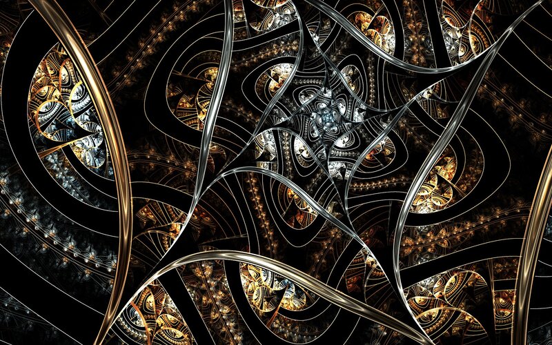 Fractal Spiral Patterns — Black, Complex, Digital Art, Spirals, Gold Lines