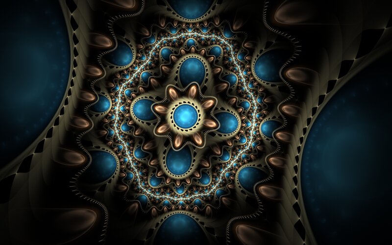 Fractal spiral with blue orbs