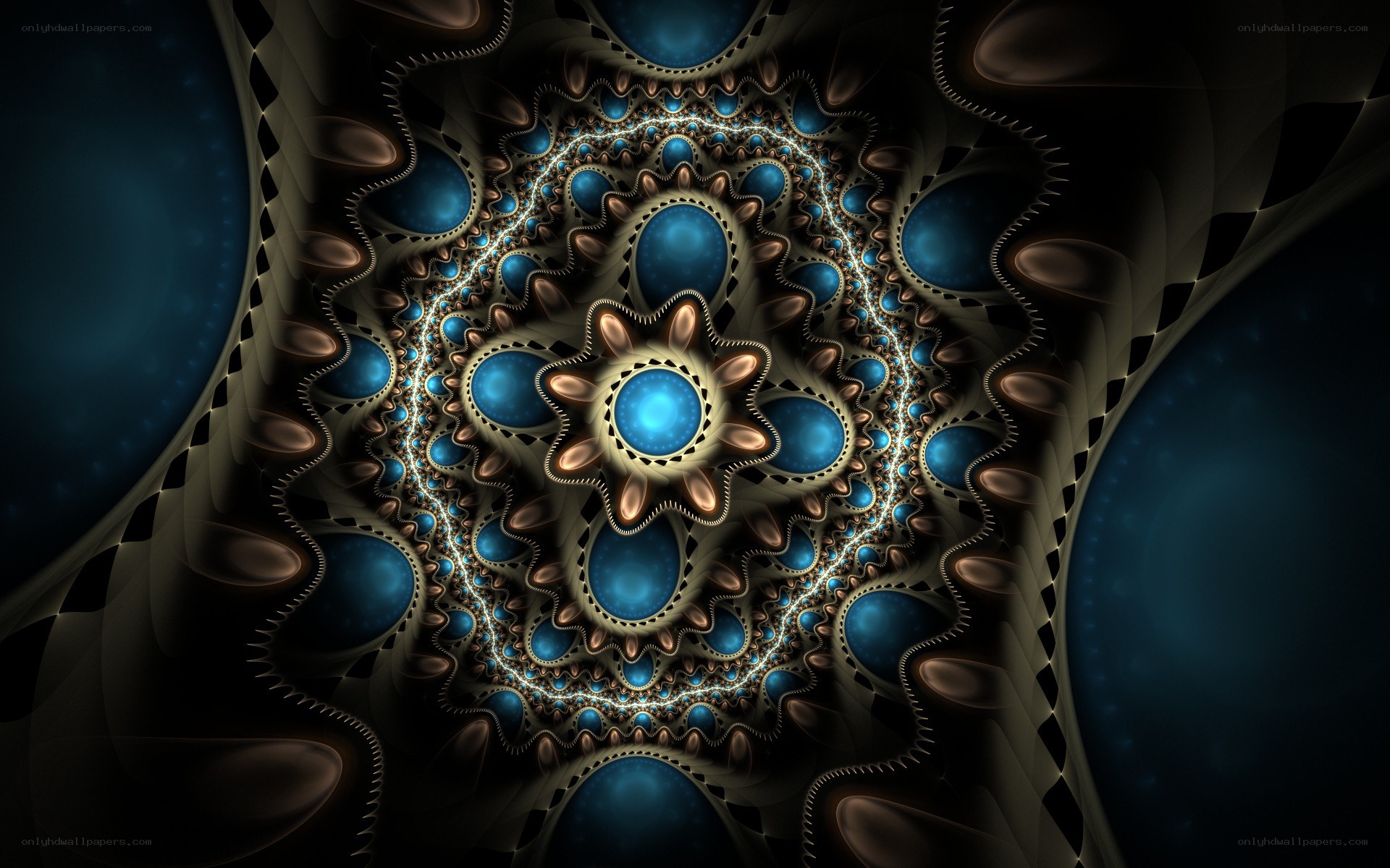 Fractal spiral with blue orbs