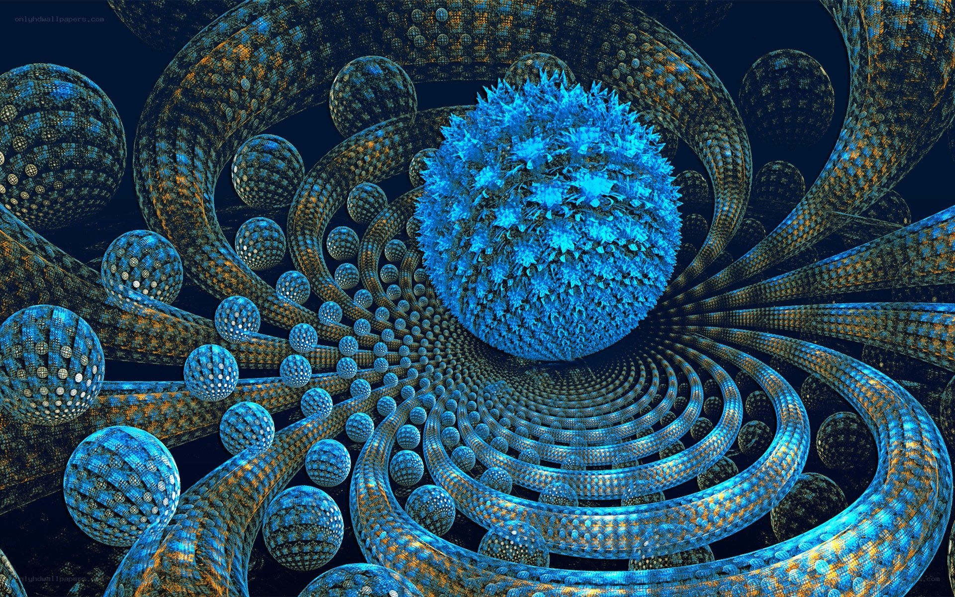 Fractal spiral with blue spheres