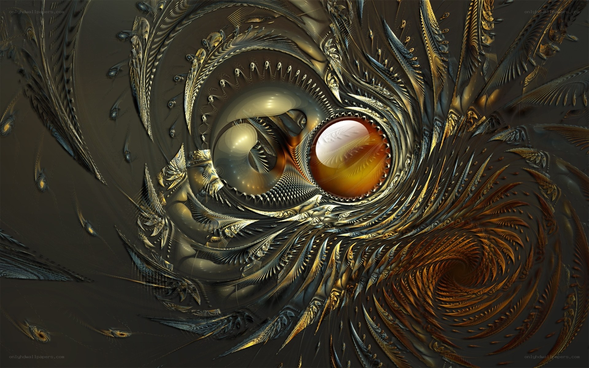 Fractal spiral with glowing orbs