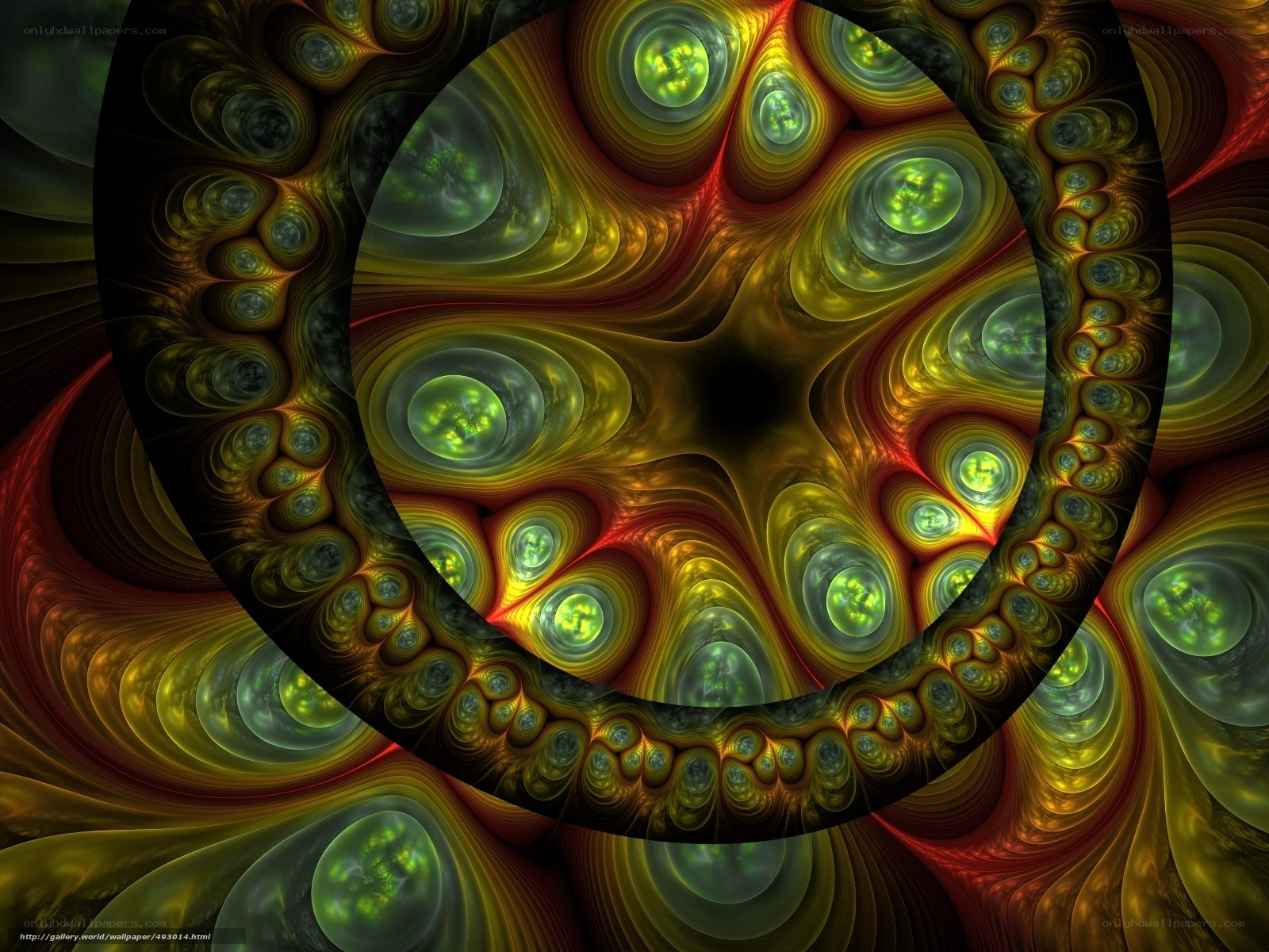 Fractal spiral with green orbs