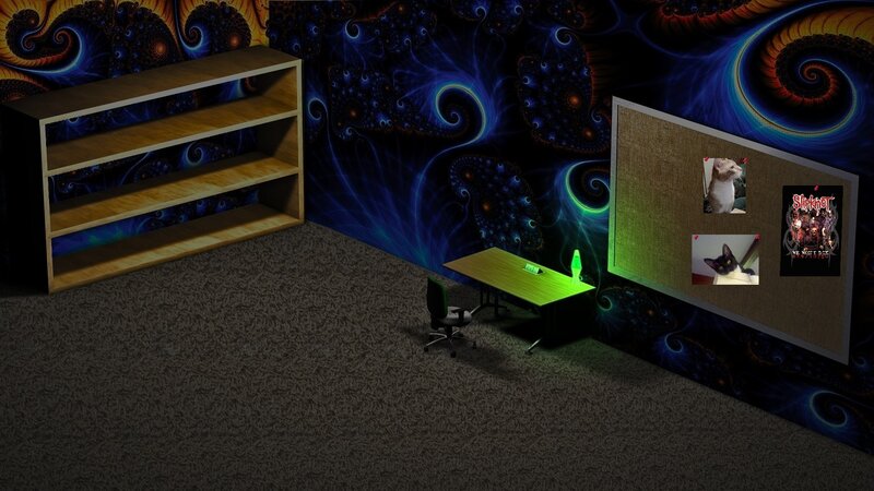 fractal-themed room with desk
