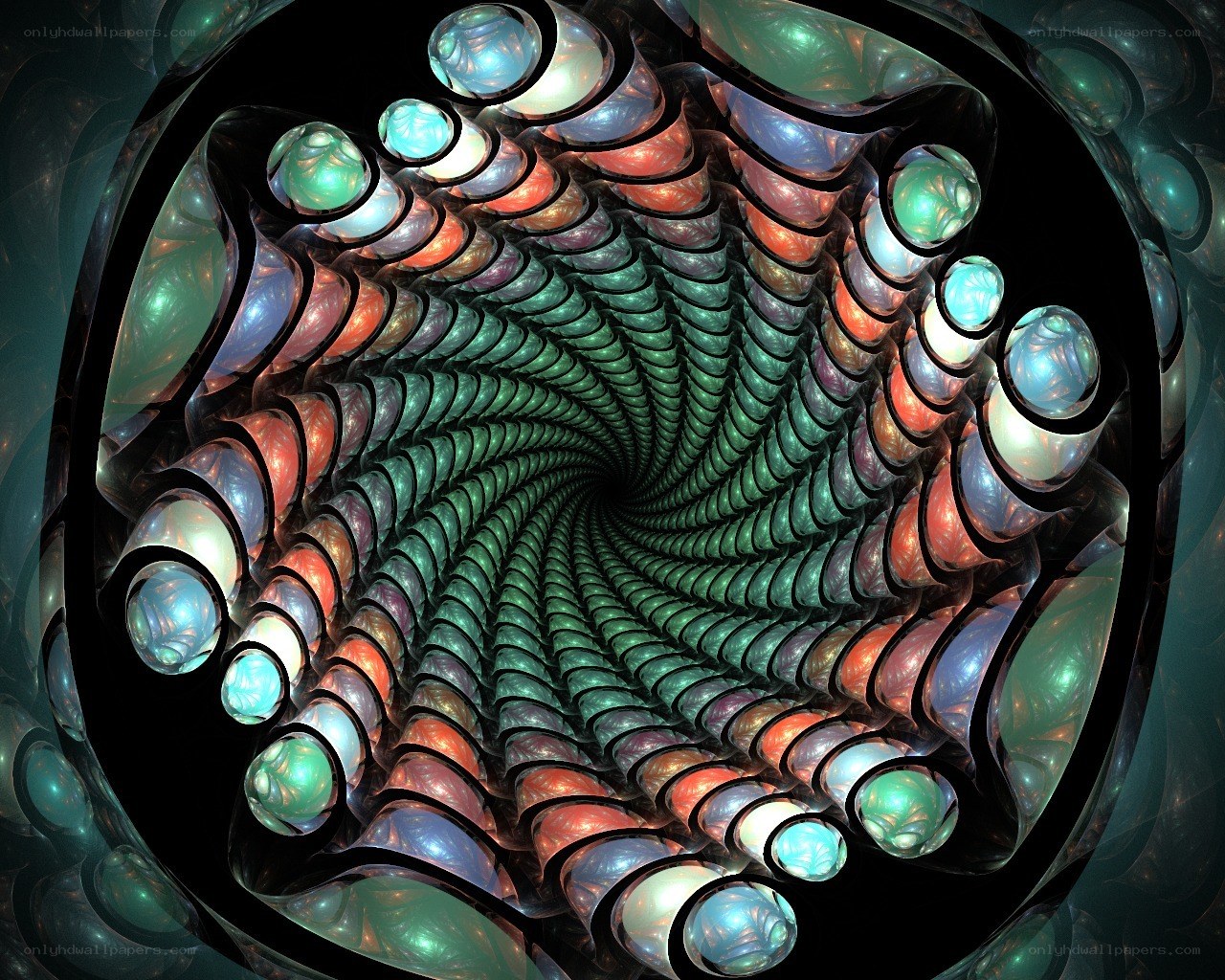 Fractal tunnel with glowing orbs