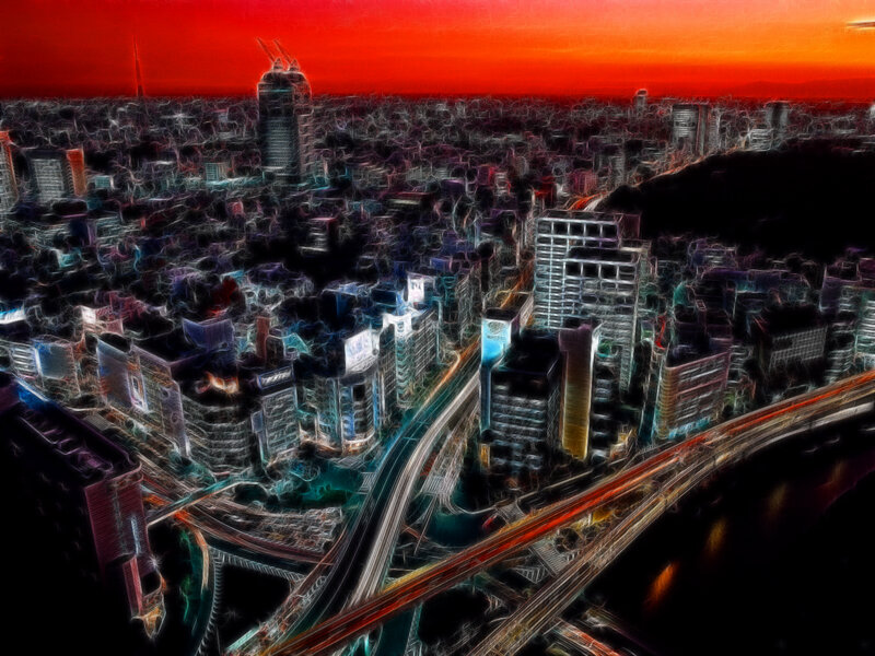 fractured cityscape at sunset