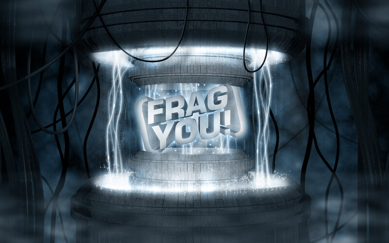 Frag You logo in a futuristic chamber