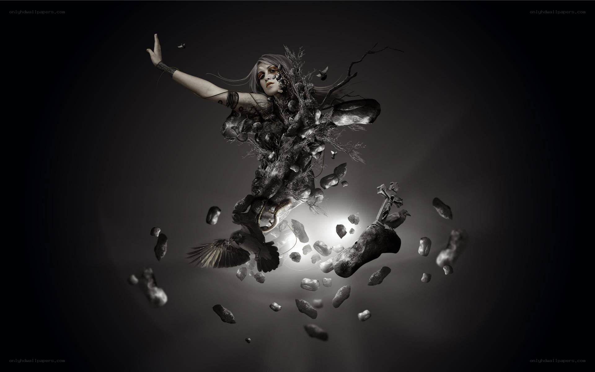 fragmented figure in dark space