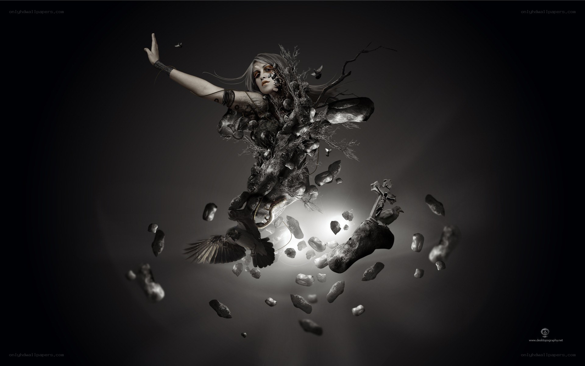 fragmented figure in dark space