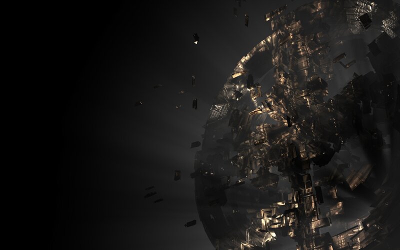 fragmented metallic sphere in space