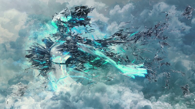 Fragmented robot in stormy sky