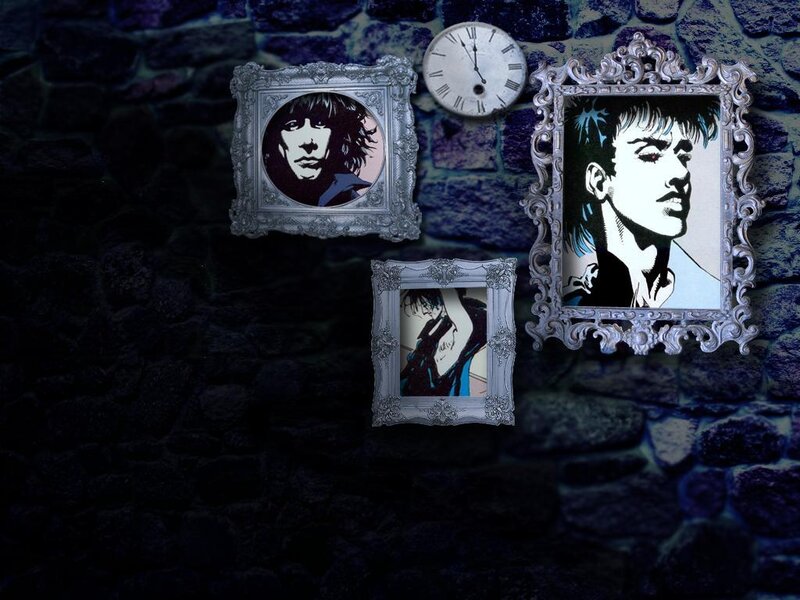 framed portraits on stone wall