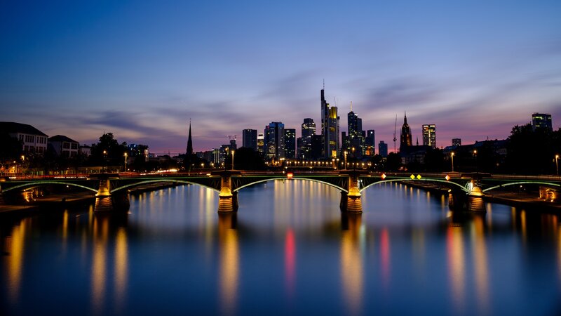 Frankfurt Skyline at Dusk — Blue, Serene, Night, Photograph, Bridge