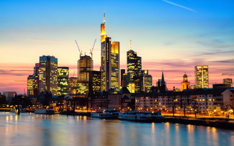 Frankfurt Skyline at Dusk — Blue, Serene, Sunset, Photograph, Skyscrapers, River