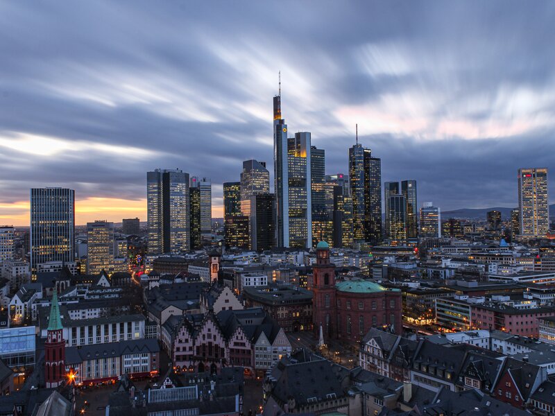 Frankfurt Skyline at Dusk — Gray, Dramatic