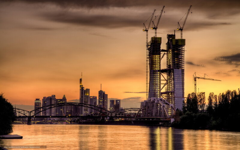 Frankfurt Skyline at Dusk — Orange, Dramatic, Sunset, Photograph, Skyscrapers