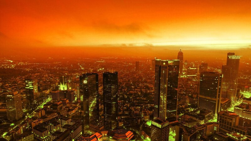 Frankfurt Skyline at Dusk — Orange, Dramatic, Sunset, Photograph
