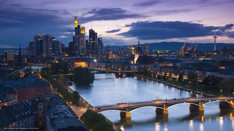 Frankfurt Skyline at Dusk — Purple, Serene, Night, Photograph, River