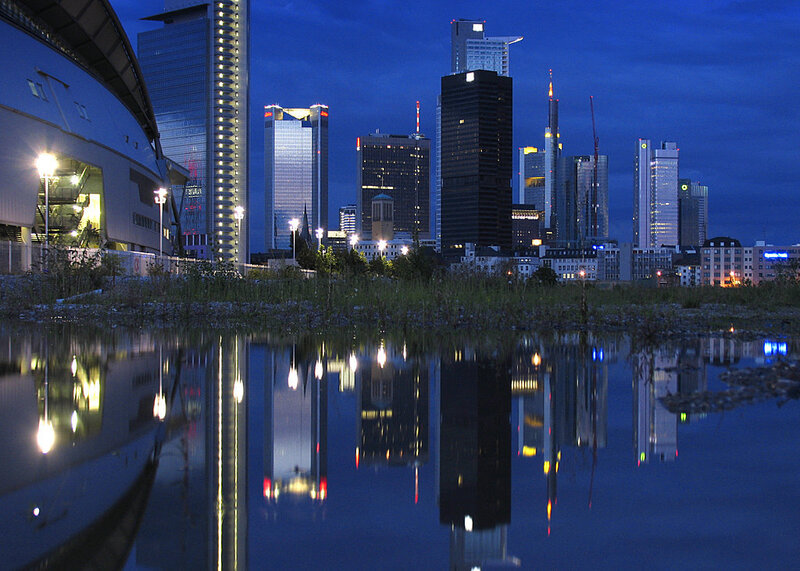 Frankfurt Skyline at Night — Blue, Calm, Photograph, Skyscrapers